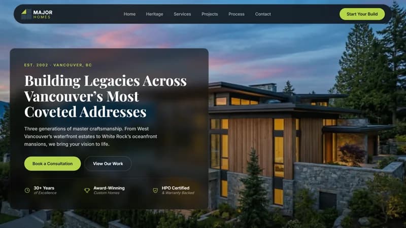 Major Homes website — luxury custom home builder in Vancouver, BC